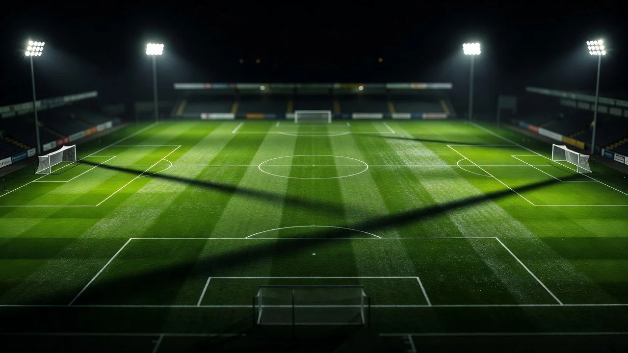 A football resting on the center spot of a floodlit pitch at night