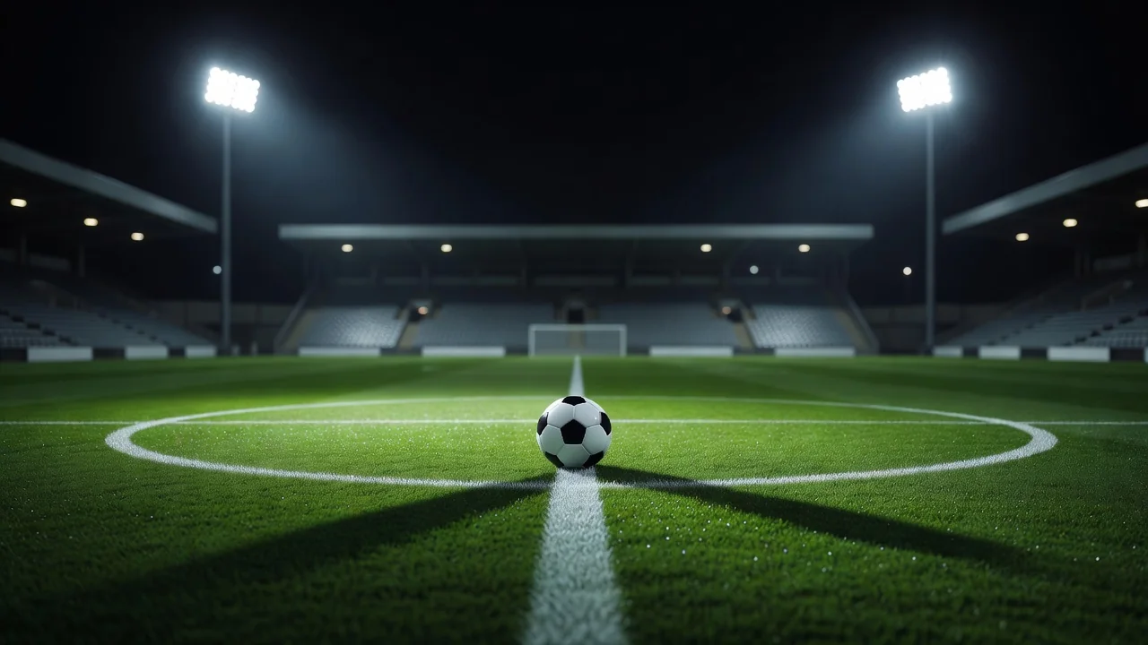 Football on the center spot of a floodlit pitch at night
